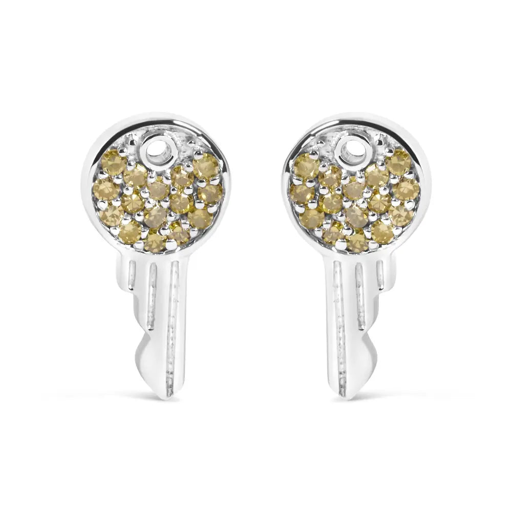 Treated Yellow Diamond Key Motif Charm Stud Earrings in Sterling Silver – 1/6 Cttw