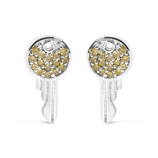 Treated Yellow Diamond Key Motif Charm Stud Earrings in Sterling Silver – 1/6 Cttw