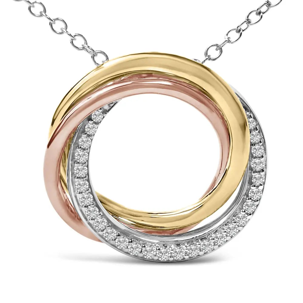 Tri-Tone Sterling Silver 1/5 Cttw Diamond Interlocking Circle Necklace