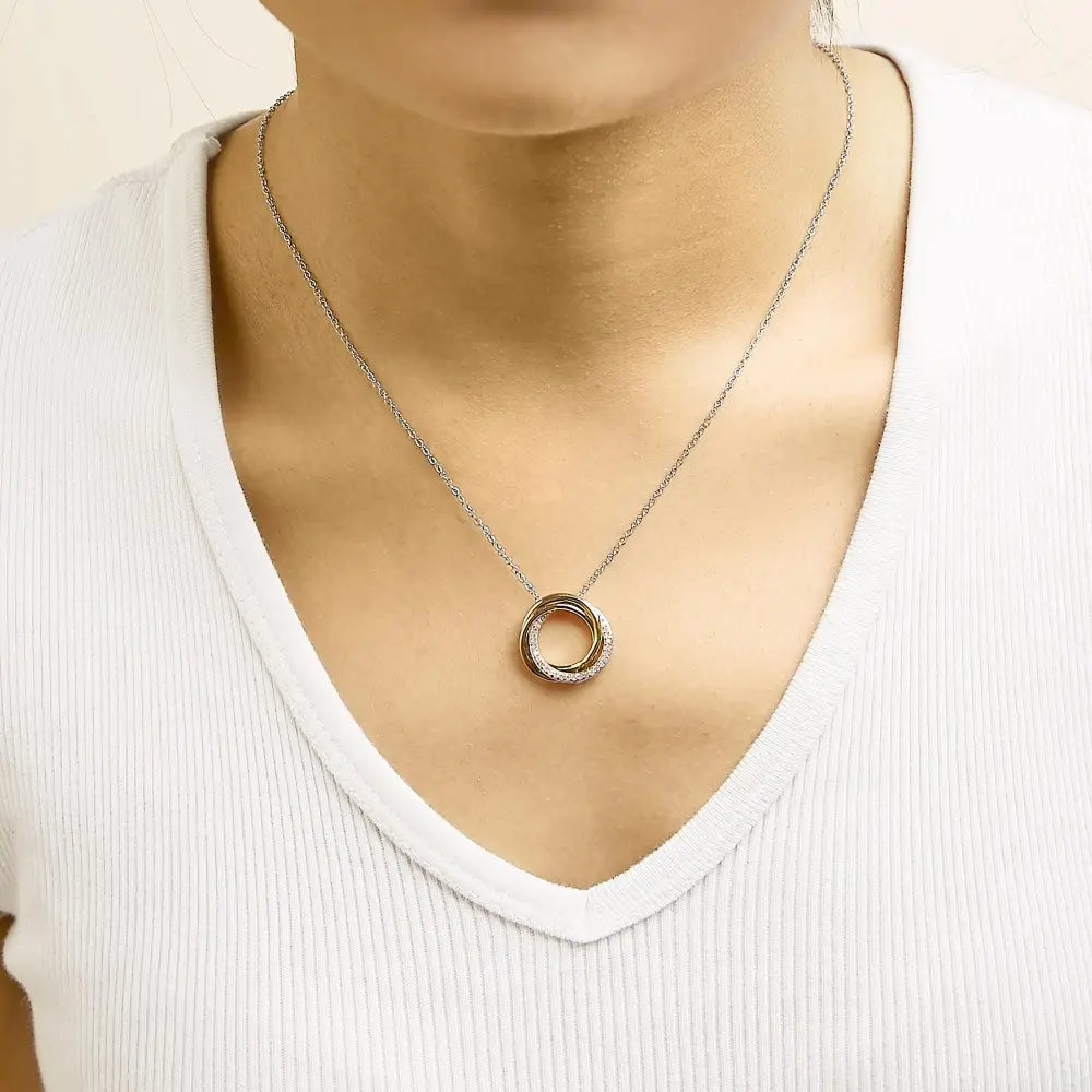 Tri-Tone Sterling Silver 1/5 Cttw Diamond Interlocking Circle Necklace