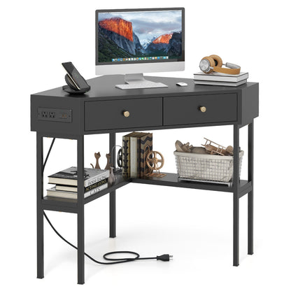 Triangle Corner Desk with Charging Station with 2 Drawers and Storage Shelf
