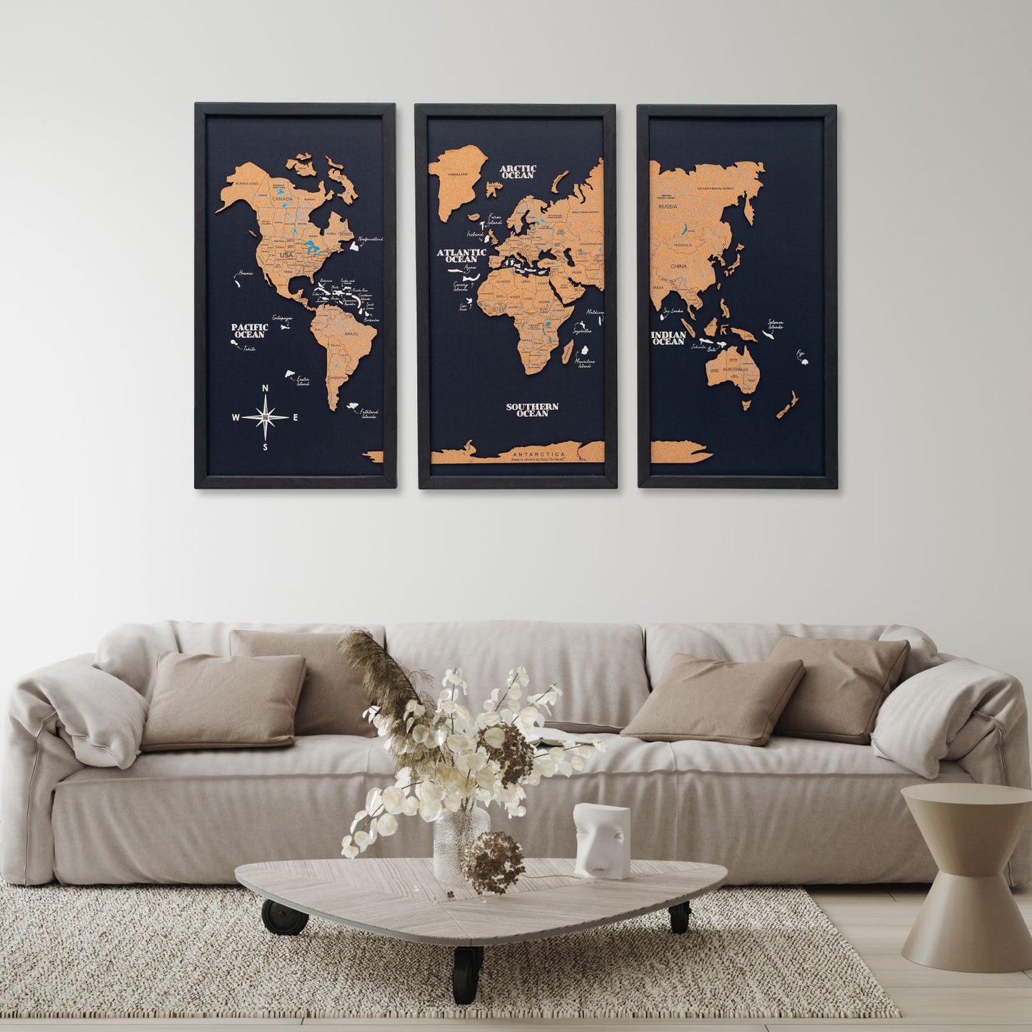 Cork world map triptych - White