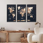 Triptych Wall Art - Wooden World Map (Smokey)