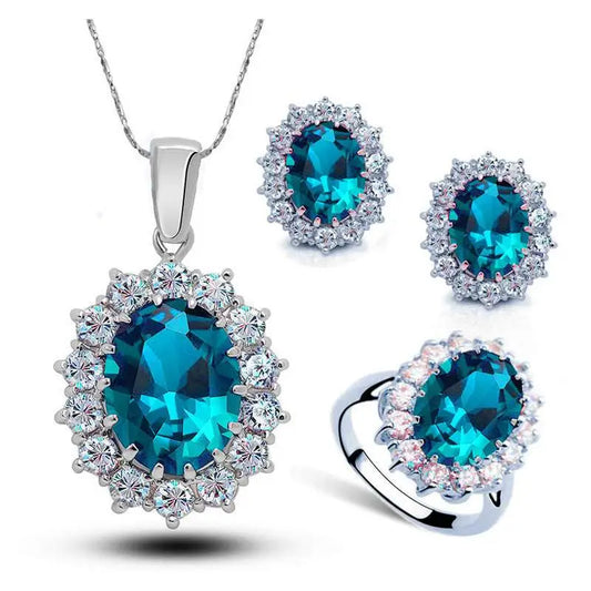 Turquoise Crystal Jewelry Bridal Necklace Earrings Ring Set