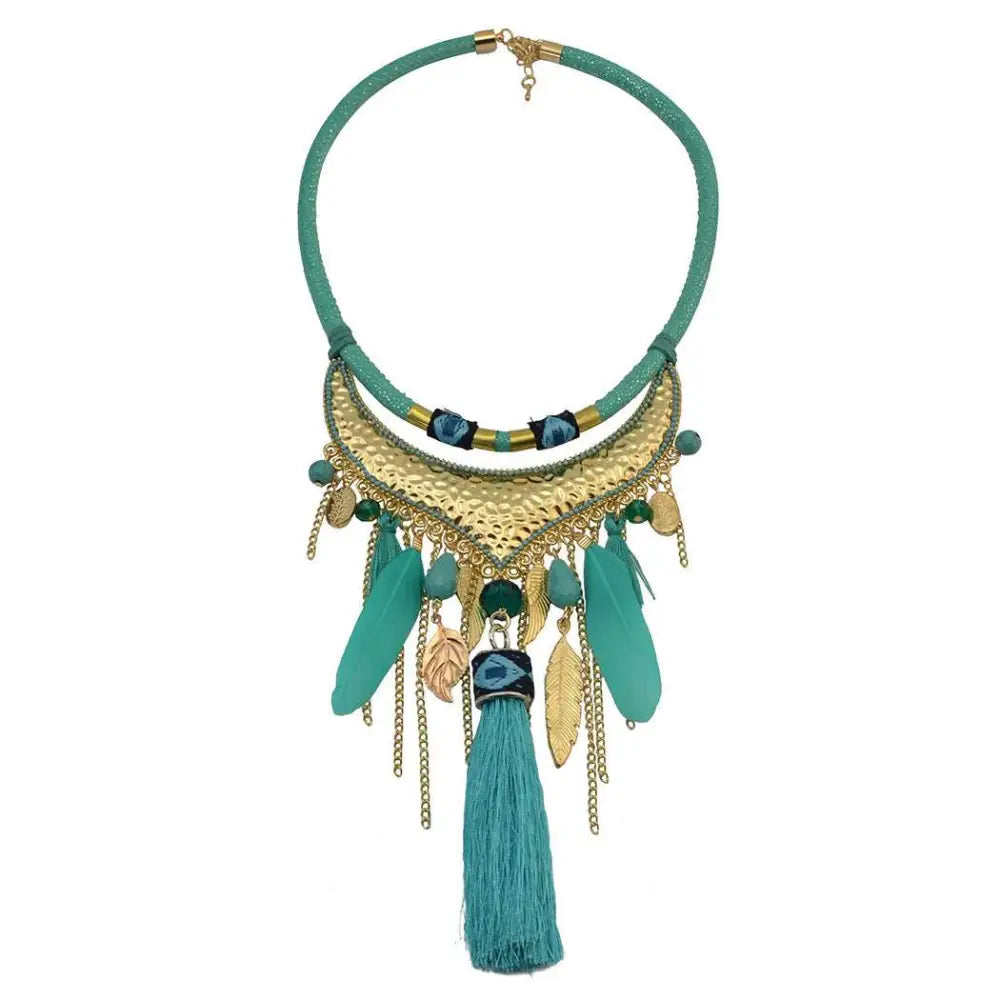 Turquoise Gold Feather Leaf Tassel Necklace