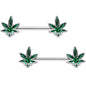 Green Marijuana Leaf Puff Puff Pass Barbell Nipple Ring Set