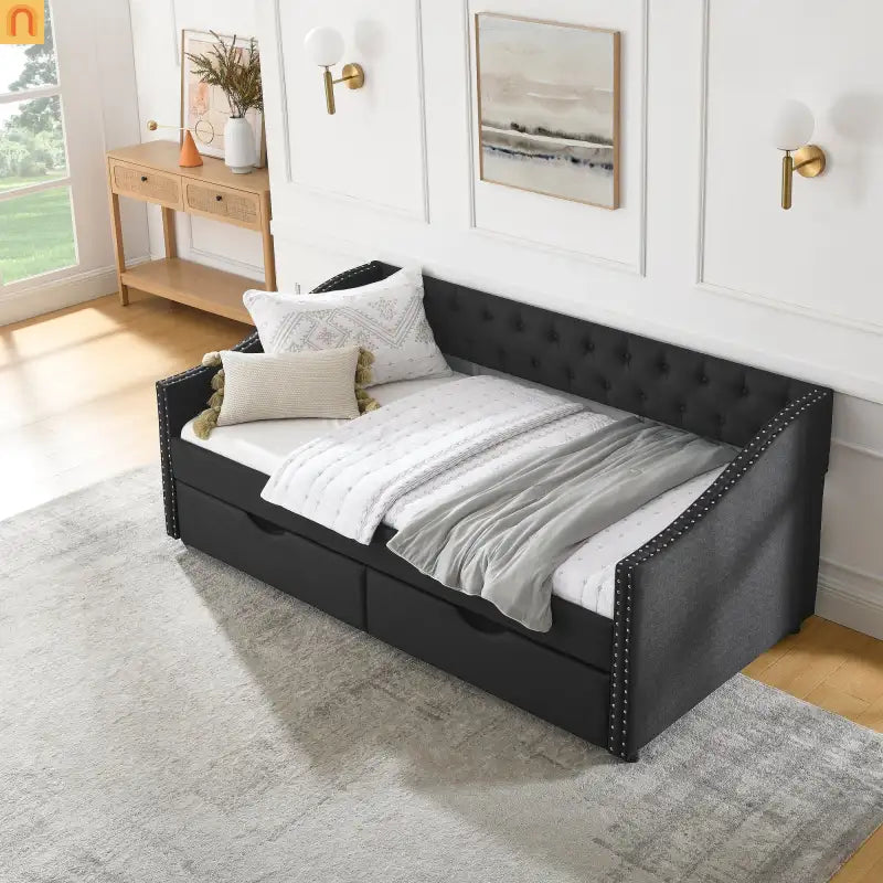 Twin Platform Bed Solid Pine White 2 Storage Drawers Guardrails