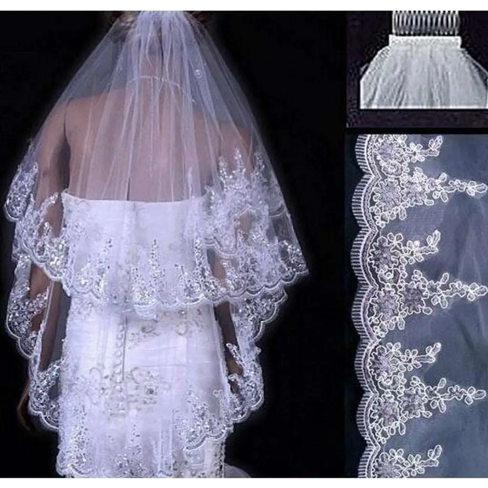 Two Layer Bridal Sequined Polyester Veil with Lace
