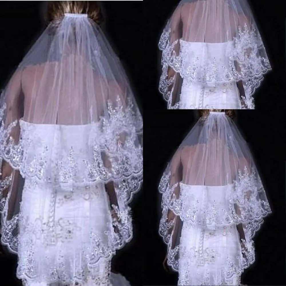 Two Layer Bridal Sequined Polyester Veil with Lace
