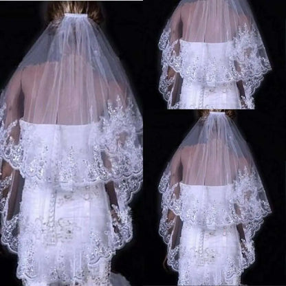 Two Layer Bridal Sequined Polyester Veil with Lace