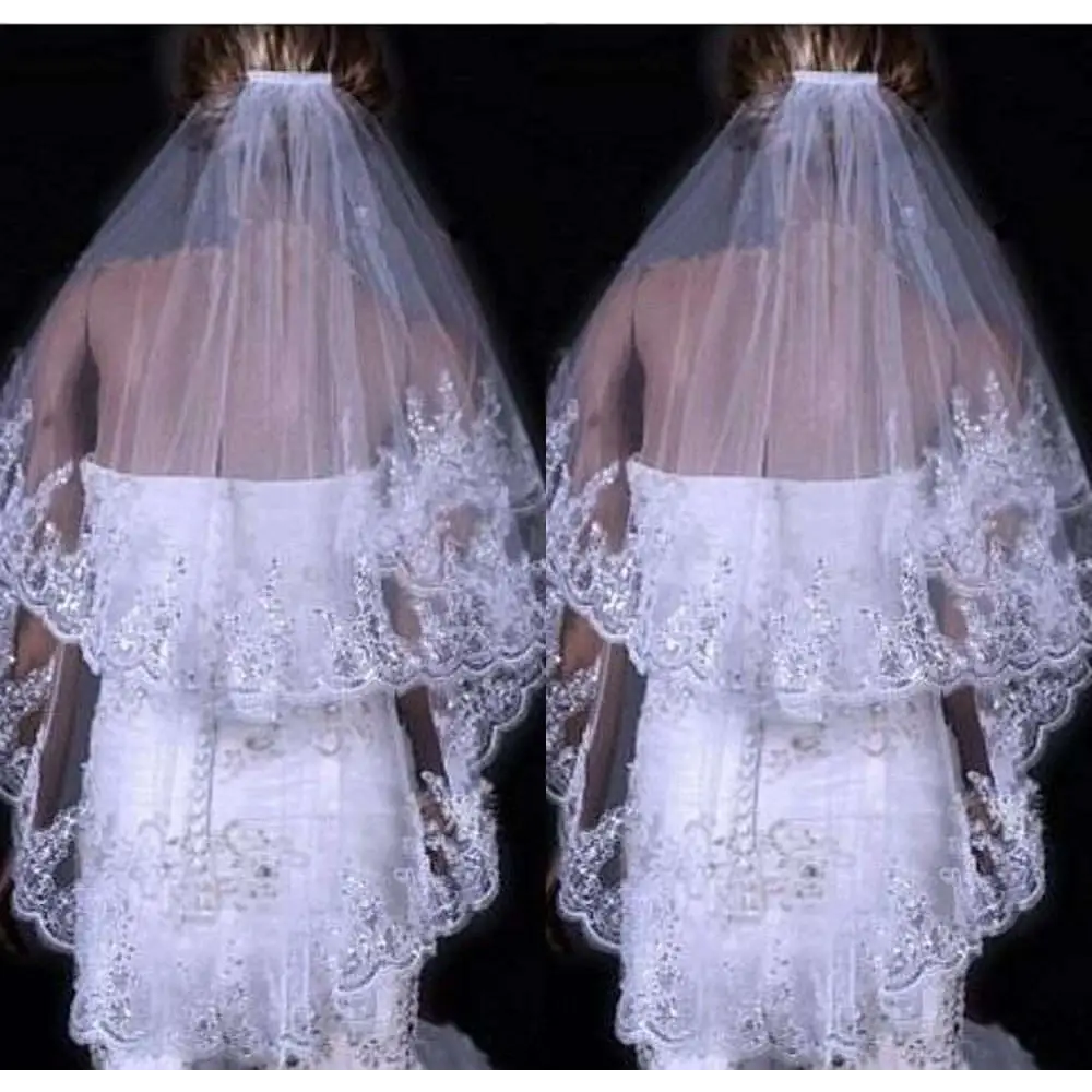 Two Layer Bridal Sequined Polyester Veil with Lace