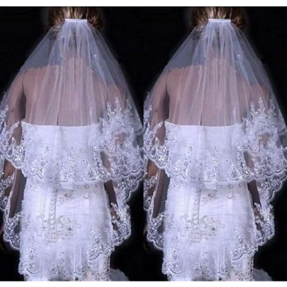 Two Layer Bridal Sequined Polyester Veil with Lace