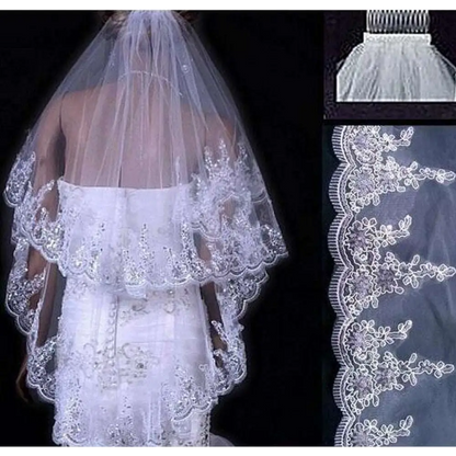 Two Layer Bridal Sequined Polyester Veil with Lace