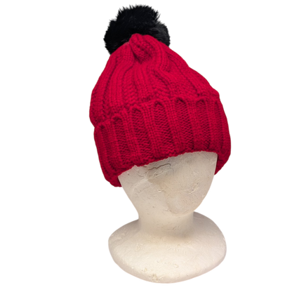Knit Hat With Three Interchangeable Poms - Red