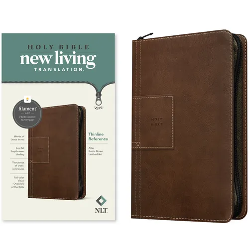 NLT Thinline Reference Zipper Bible, Filament Enabled (Leatherlike, Atlas Rustic Brown, Red Letter) - Imitation Leather
