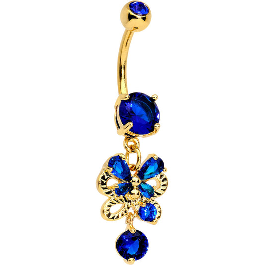 Blue CZ Gem Gold Tone Anodized Butterfly Bow Dangle Belly Ring