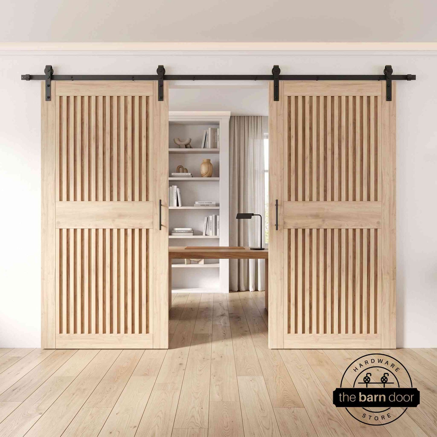 Vertical Slat Double Door Barn Door Kit | Black Barn Door Hardware