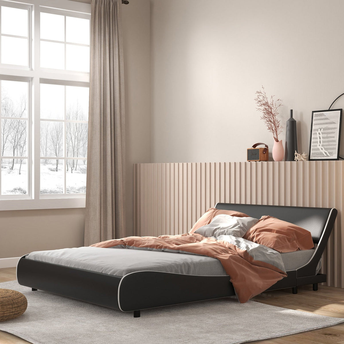 Upholstered Platform Bed Frame Low Profile Faux Leather with Curved Headboard