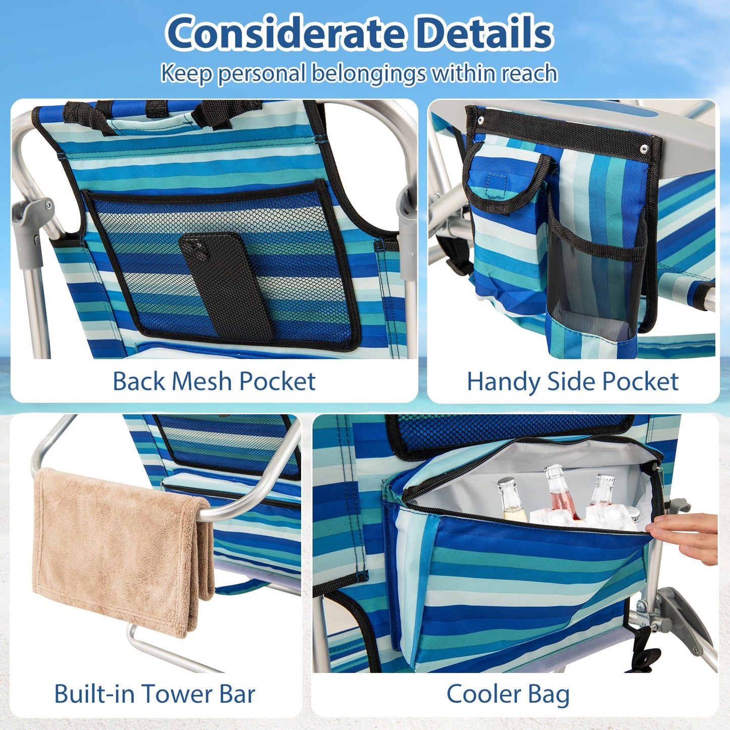 Folding Beach Chair with 4-Position Adjustable Backrest