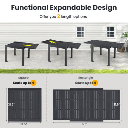 Patio Rectangular Aluminum Table and Stackable Armchairs Set with Slatted Tabletop and Seats