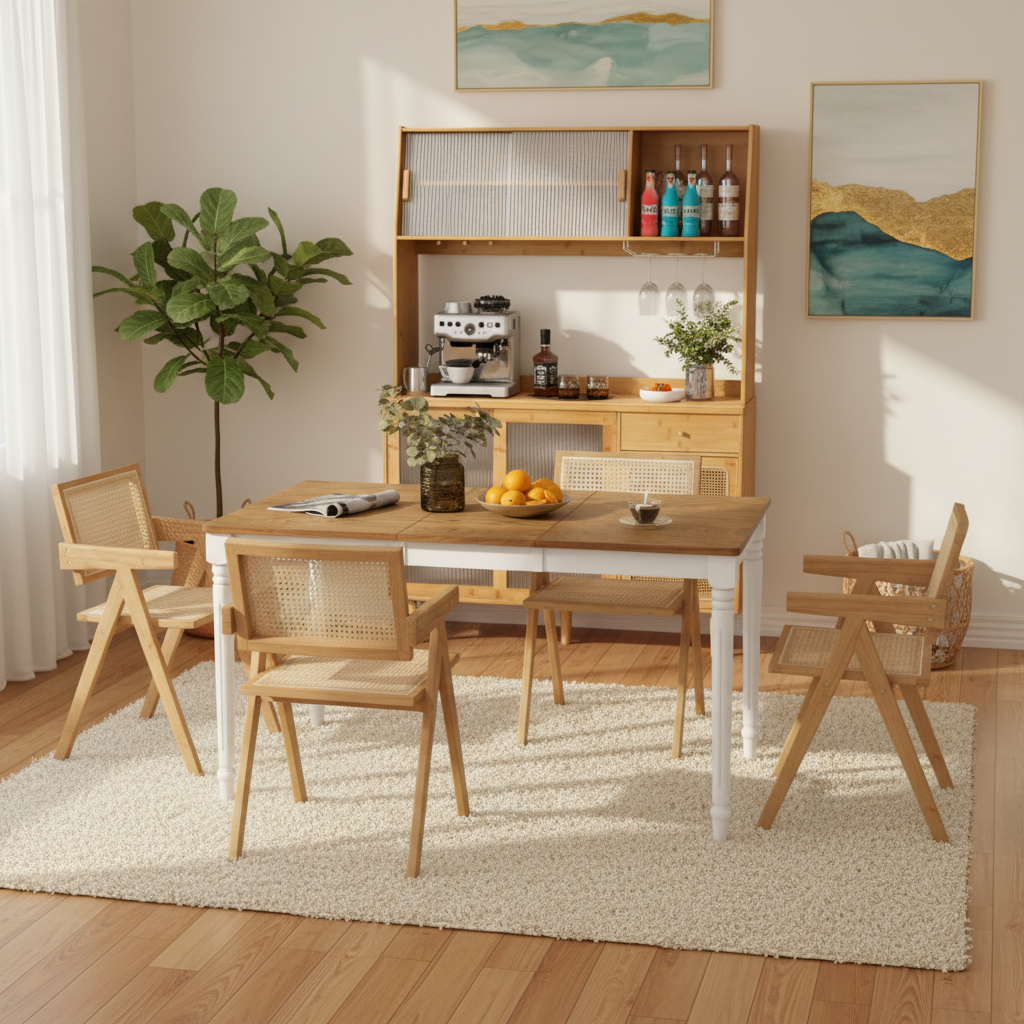 Kitchen Dining Set with Extendable Table 2 Rattan Accent Chairs and Kitchen Cabinet