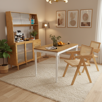 Kitchen Dining Set with Extendable Table 2 Rattan Accent Chairs and Kitchen Cabinet