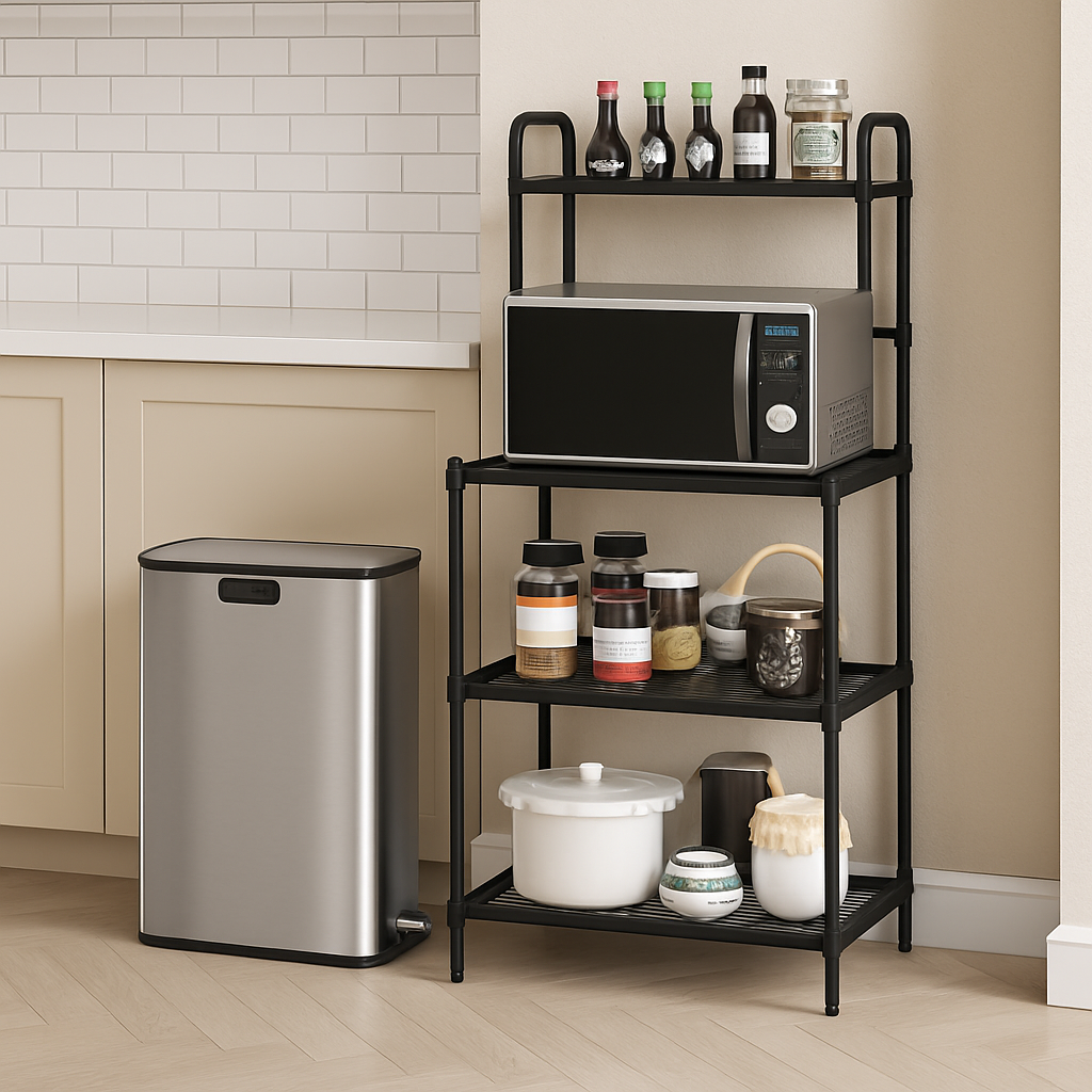 Kitchen Organization with 4-Tier Kitchen Microwave Storage Rack and Trash Can