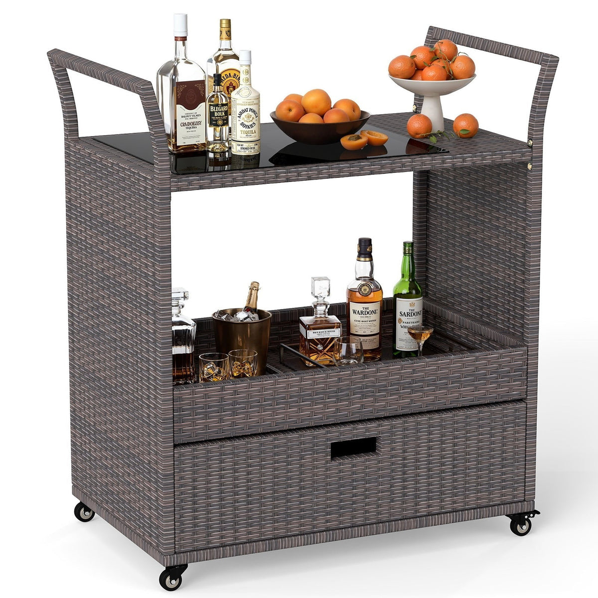 Outdoor Wicker Bar Cart Table with Tempered Glass Top