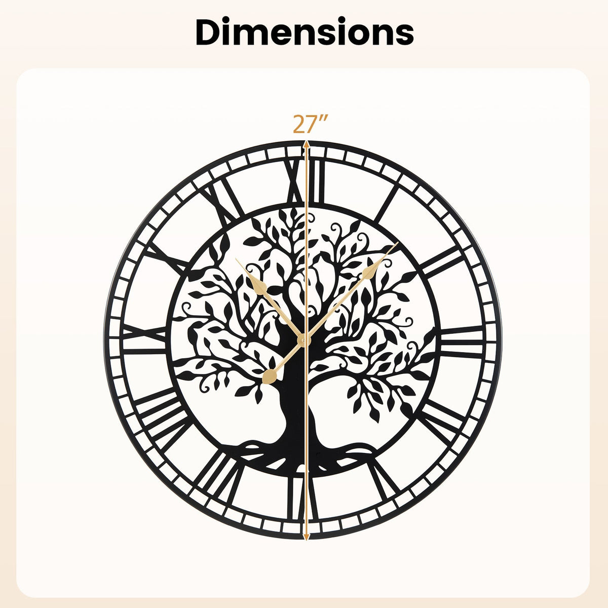 Large Wall Clock 27 Inch Tree of Life Big Metal Wall Clock-Black