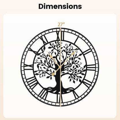 Large Wall Clock 27 Inch Tree of Life Big Metal Wall Clock-Black