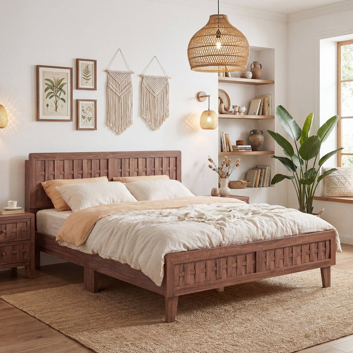 Mid Century Queen Size Bed Frame with Woven Accent Headboard