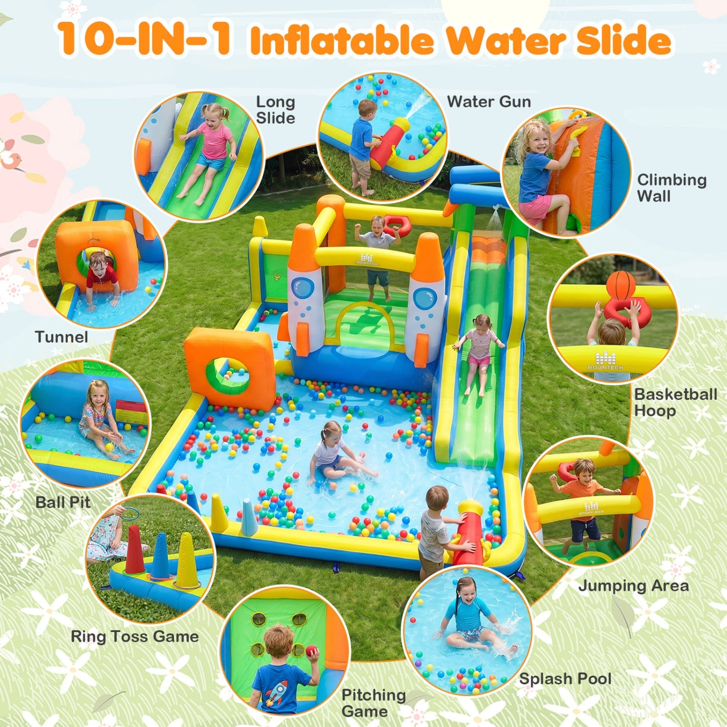 10-in-1 Inflatable Bounce House with Water Slide and Blower