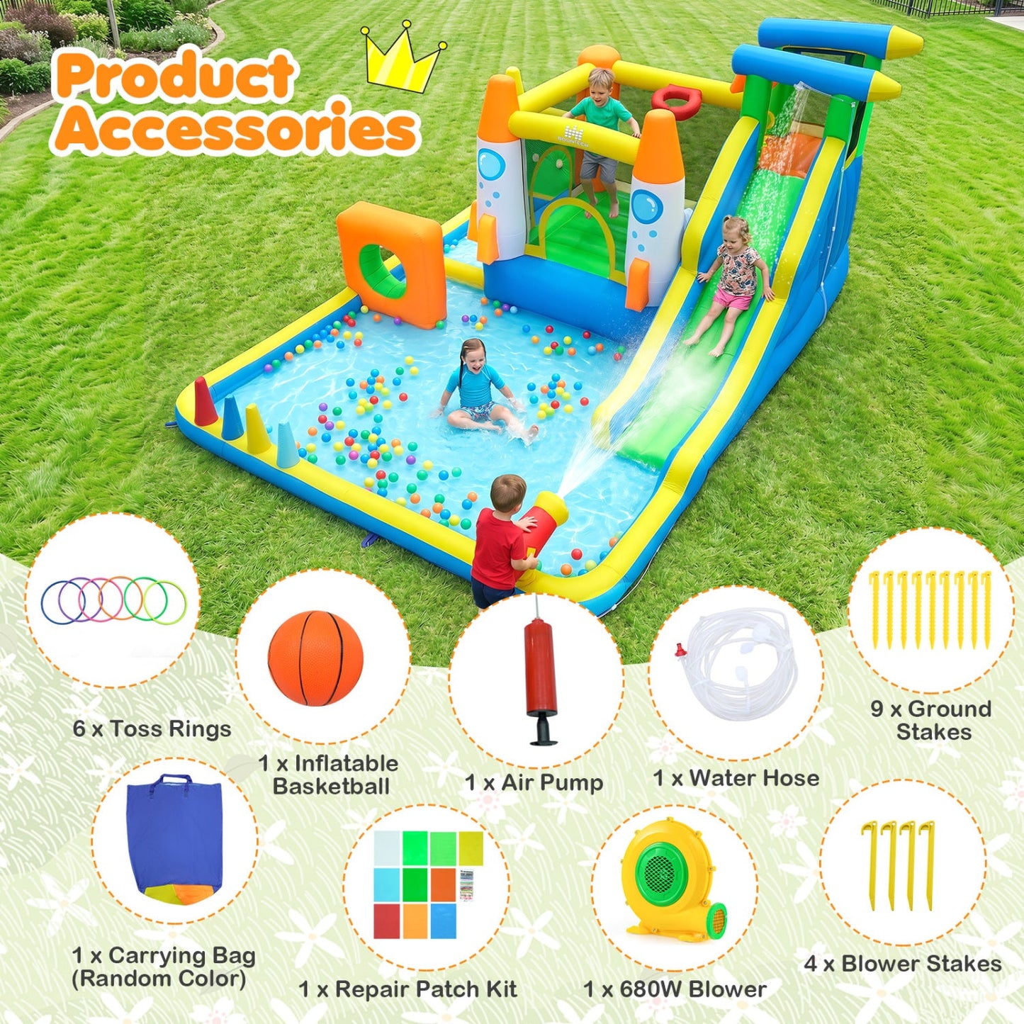 10-in-1 Inflatable Bounce House with Water Slide and Blower