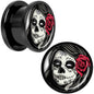 Katrina Sugar Skull with Rose Flower Black Anodized Screw Fit Plug Set 9/16