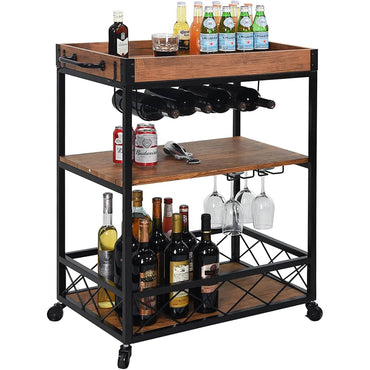 Usinso Industrial Rolling Bar Cart with 3 Tier Storage Shelves