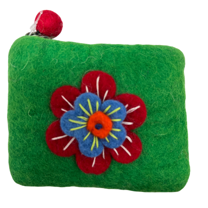 Felt Wool Coin Purse in Green with Flower Applique