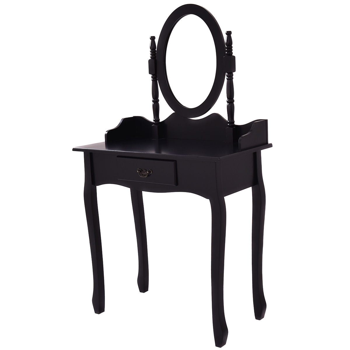 Wooden Vanity Makeup Set with Cushioned Stool and Oval Rotating Mirror