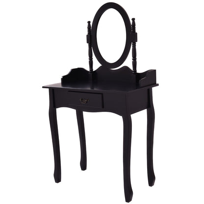 Wooden Vanity Makeup Set with Cushioned Stool and Oval Rotating Mirror