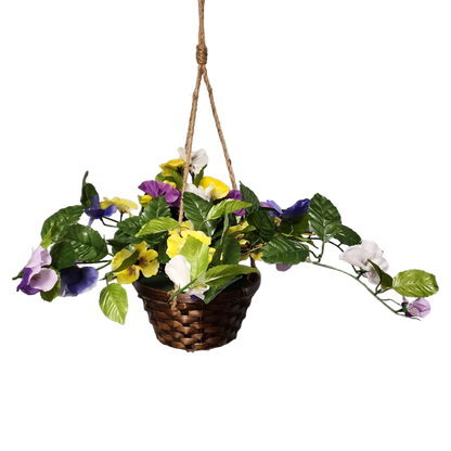 Trailing Pansy Flowers in 8" Hanging Bamboo Basket -