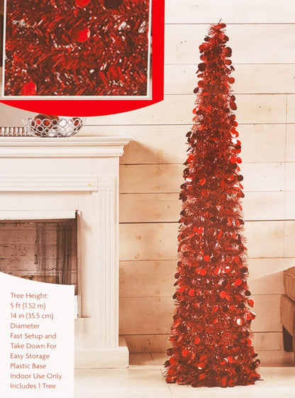 Pop Up 5 Foot Tinsel Tree - Red