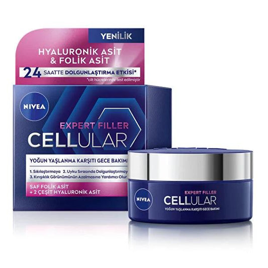 Nivea Anti-Aging Night Face Cream - Nivea Cellular Expert Filler, Firming, Anti-Wrinkle, Hyaluronic Acid, Folic Acid, 1.69 fl oz