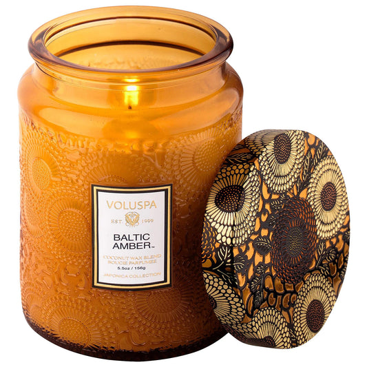 Voluspa Baltic Amber Glass Candle - Luxury Scented Candle, Coconut Wax, 140 Hours Burn Time