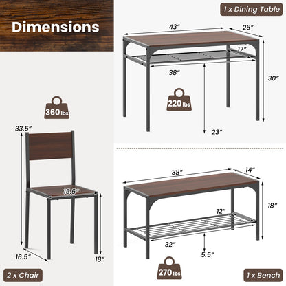 Industrial Style Rectangular Kitchen Table with Bench and Chairs