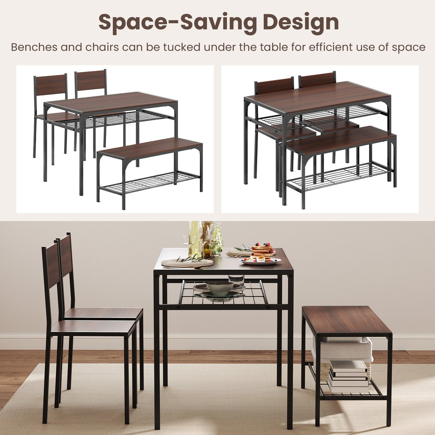 Industrial Style Rectangular Kitchen Table with Bench and Chairs