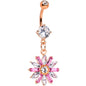 Pink CZ Gem Rose Gold Tone Anodized Fancy Flower Dangle Belly Ring