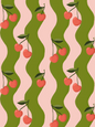 Wavy Cherry Wallpaper, pink and green