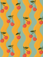 Wavy Cherry Wallpaper, yellow and teal