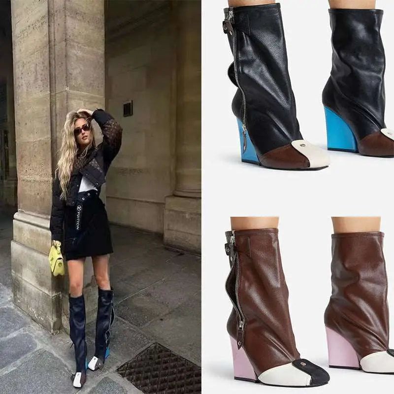Wedge Heel Leather Large Size Boots