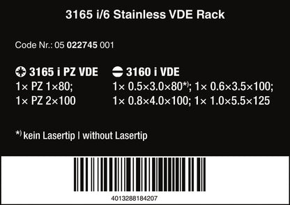 Wera 3165 i/6 VDE Stainless Steel Screwdriver Set With Rack 6 Pieces 05022745001