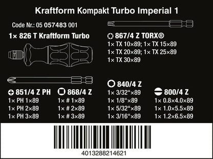 Wera 826 T Kraftform Kompakt Turbo 1 Screwdriver Set 19 Piece SAE 05057483001